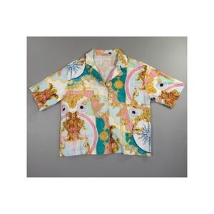 Bellaumbra Linen Blend Shirt Womens Large Baroque Print Italy Boho Artsy Resort